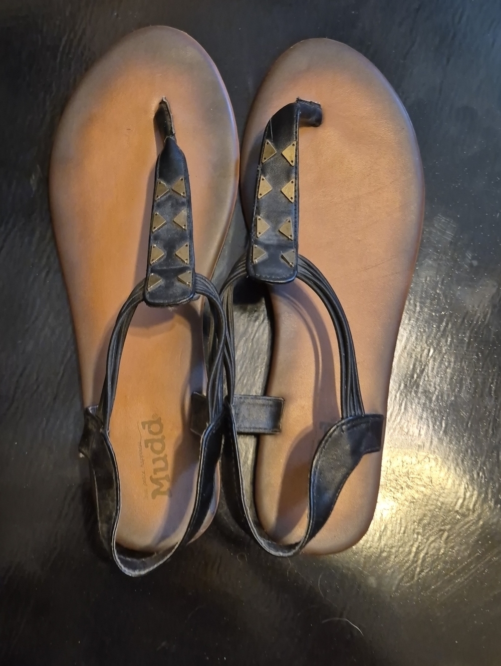 Mudd Black T-Strap Studded Leather Sandals